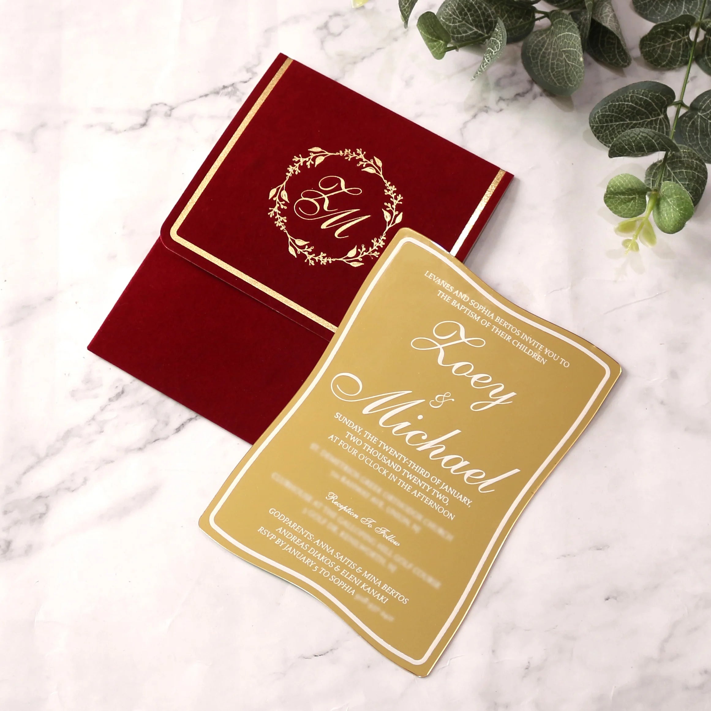Customized Luxury Gold Mirror Acrylic Wedding Invitations with White Foil Velvet Envelope Elegant Music-Style Paper Decorations