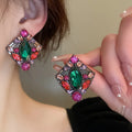 Vintage Women Geometric Flower Drop Earrings Colorful Rhinestone Crystal Flower Geometric Statement Jewelry