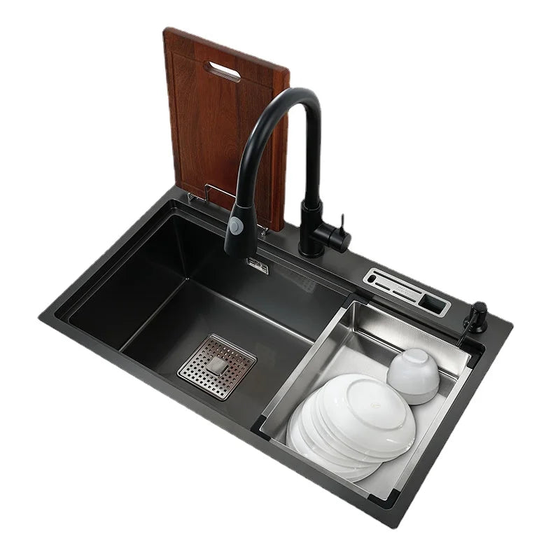 Black Handmade Single Bowl Stainless Steel Kitchen Sink with Knife Holder and Vegetable Washing Basin