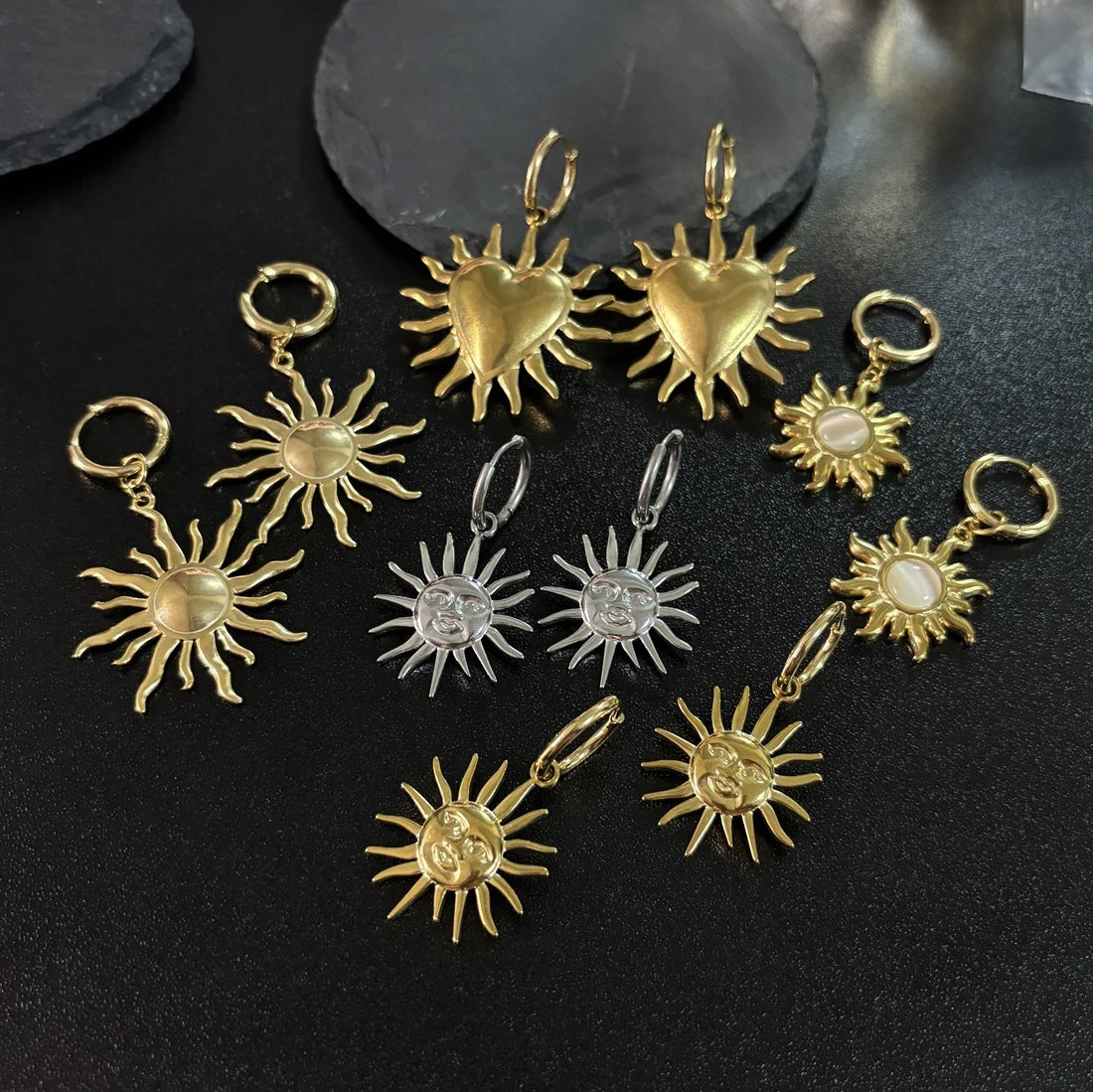 Fashion 18k Gold Plated Sun Heart  Pendant Stainless Steel Women Waterproof Earrings