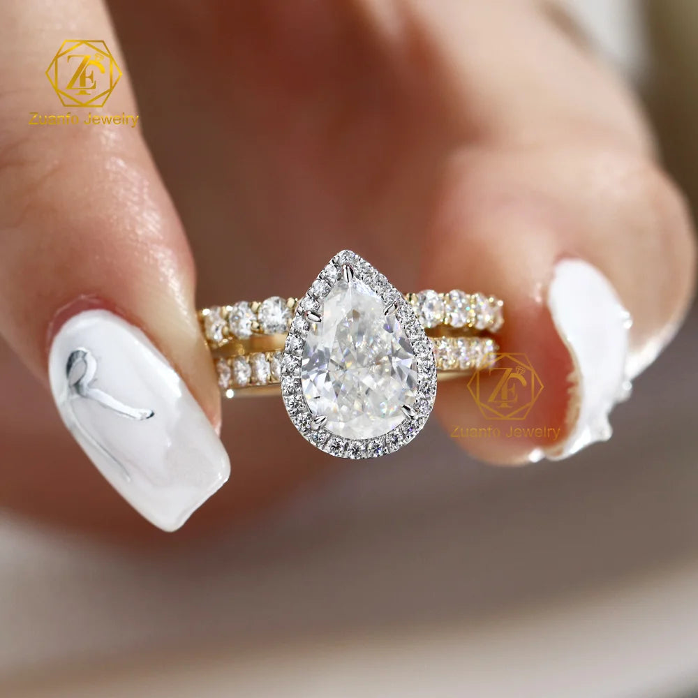 Romantic Women Fine Jewelry Ring Set 2ct Pear Cut 14k Solid Gold Moissanite Halo Ring Set for Wedding Engagement
