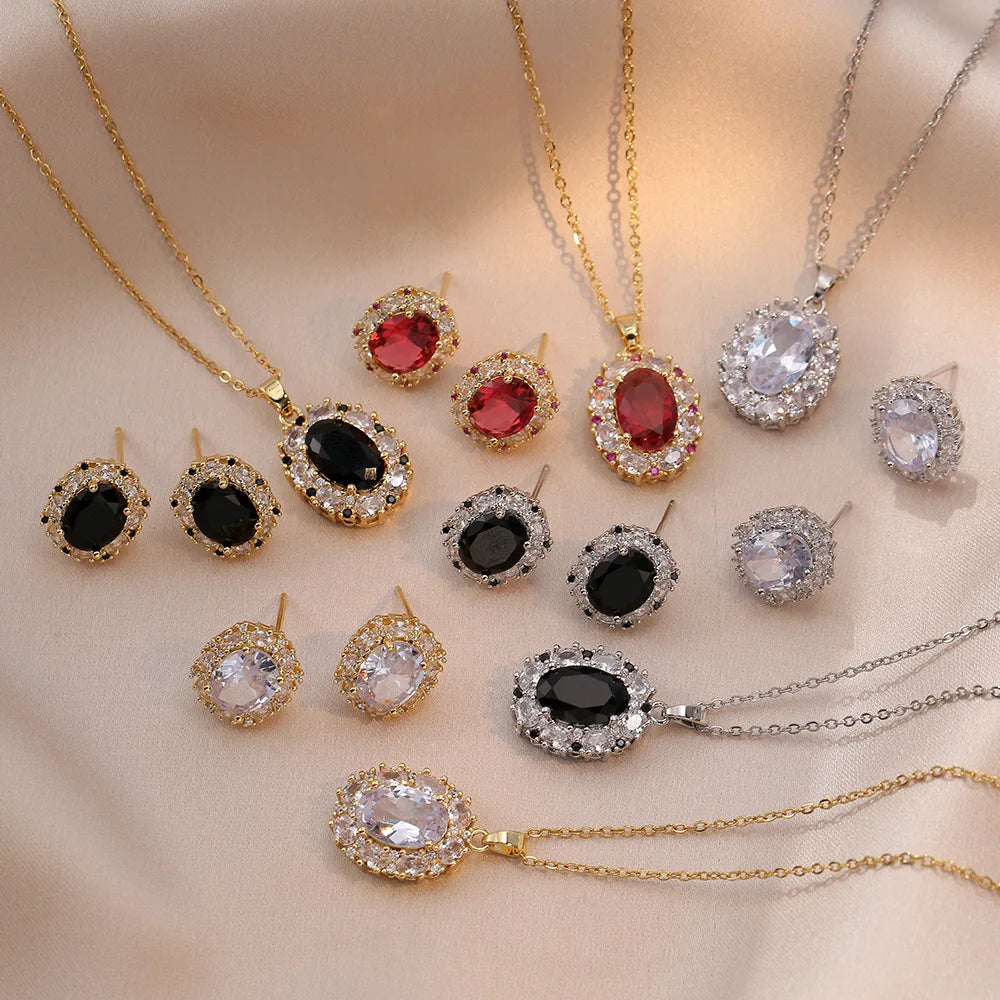 Light Luxury Red Black Crystal Fashion Jewelry Set Stainless Steel Chain Zircon Pendant Necklace Earrings Set