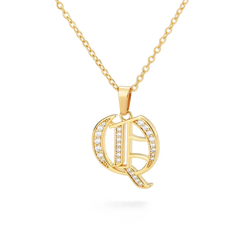 Euramerican Classic Geometric Ornaments Old English Letters Copper Zircon Pendant With Stainless Steel Chain Diamond Main Stone