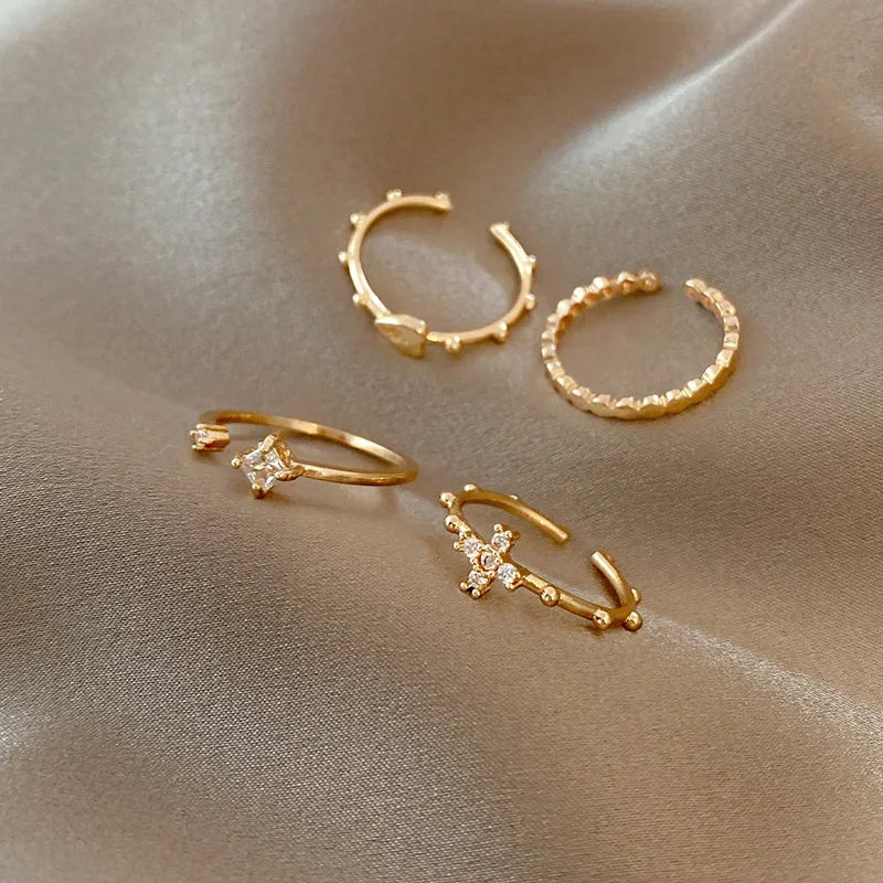 HOVANCI Adjustable Fashion Ladies Gold Finger Ring Set Ins Hollow Heart Cross Shape Index Resizable Finger Ring Set