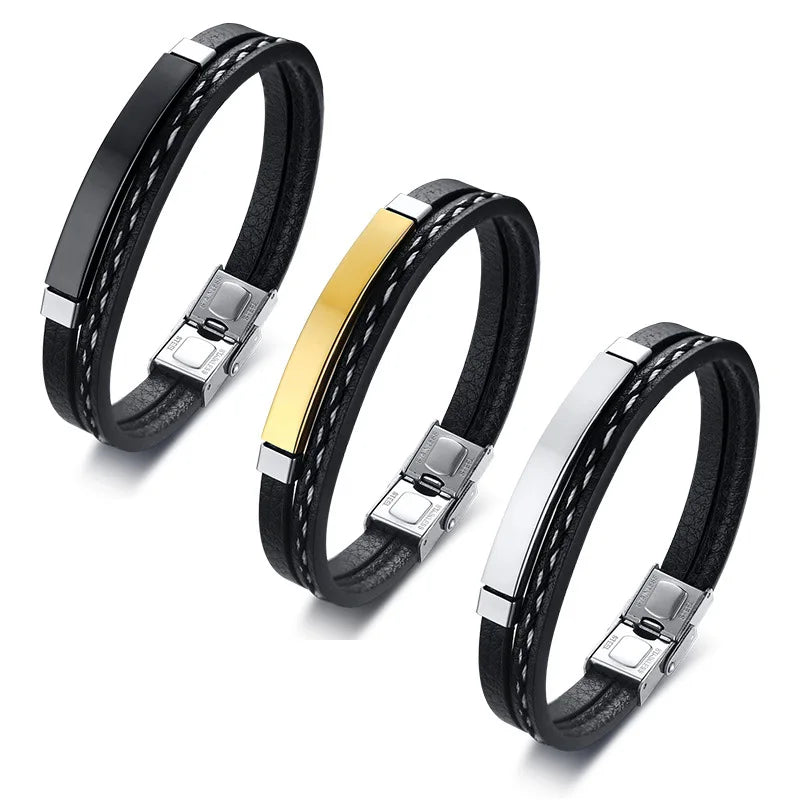 Stainless Steel Leather Bracelet Curved PU Leather Woven Black Men's Bracelet Wristband with Lettering