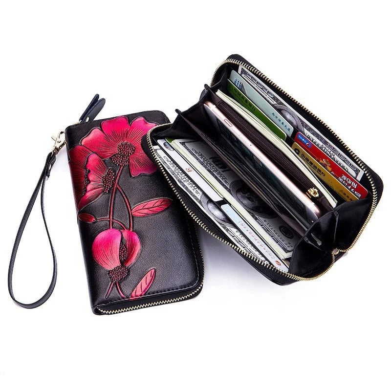 Wholesale lady large capacity flower designer hand-painted painting hand purse rfid secure phone long wristlet wallet women