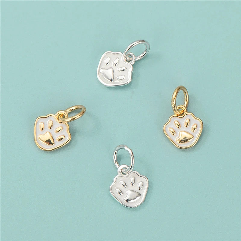 7mm Tiny Cat PAWS Dog PAWS Charm 925 Sterling Silver White Enamel Puppy Footprint Pendants for Jewelry Making