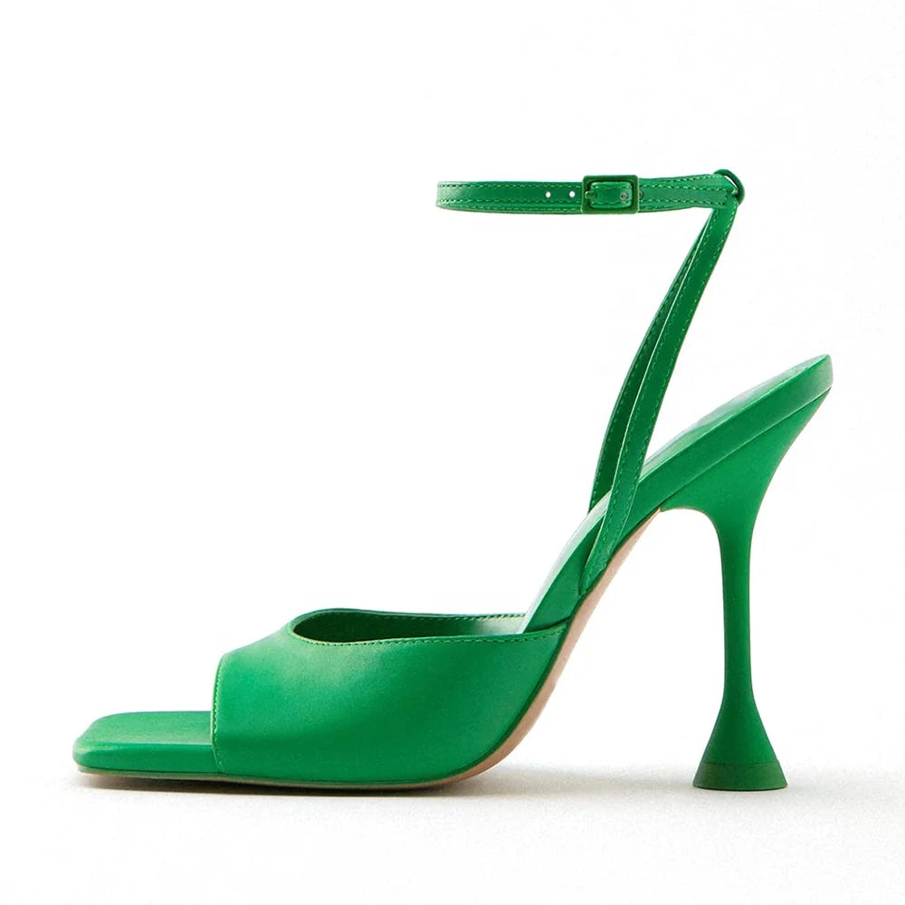 Fashion Green Stiletto Sandals Buckle Strap Square Toe Pretty Plus Size Summer High Heels for Ladies Party