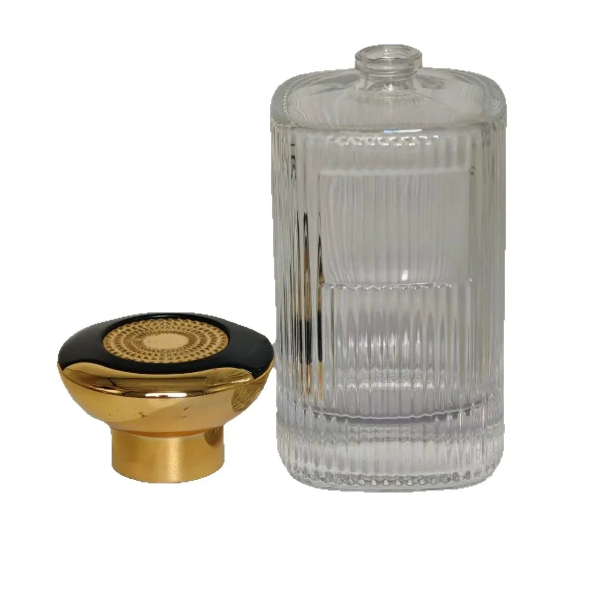 High Quality   100ml Cylinder  New Design Clear Crimp  Neck Stripe Glass Perfume Bottle with  Sticker Area