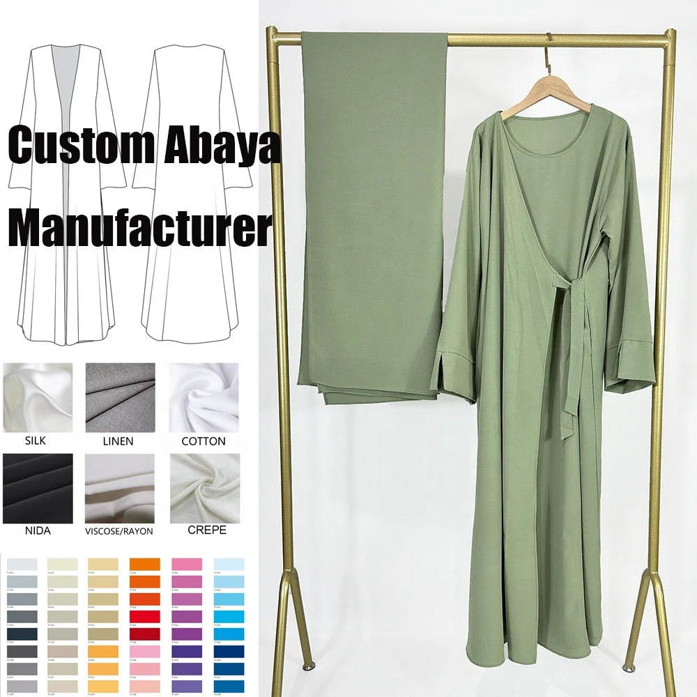 Crepe Abaya Hijab Set Ramadan Dubai Luxury Kimono Side Wrap With Pockets Islamic Clothing 2 Piece Suit Women Muslim Modest Dress