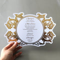 Custom Unique Shape Gold Foil White Cardboard Wedding Menu Cards with Gold Stamping Text for Table Decor