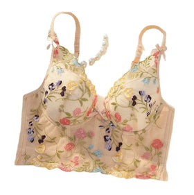 Women's Translucent Fantasy French Lace Bra Embroidered Flower Strap Bra Underwear