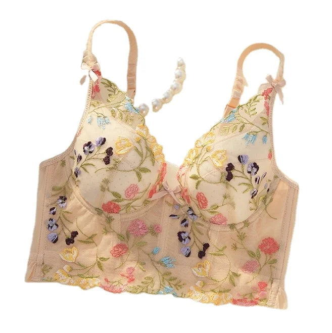 Women's Translucent Fantasy French Lace Bra Embroidered Flower Strap Bra Underwear