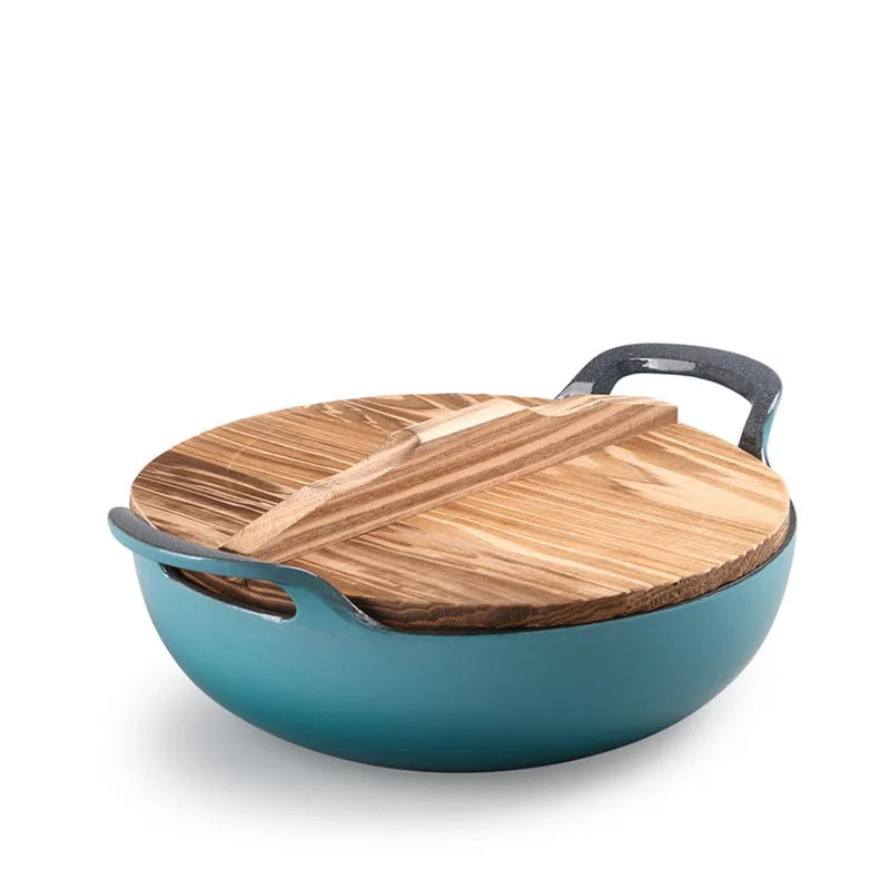 Sky Blue Enameled Cast Iron Wok Double Ear Pot Multifunctional Stew Induction Compatible Soup Pan Healthy Kitchen