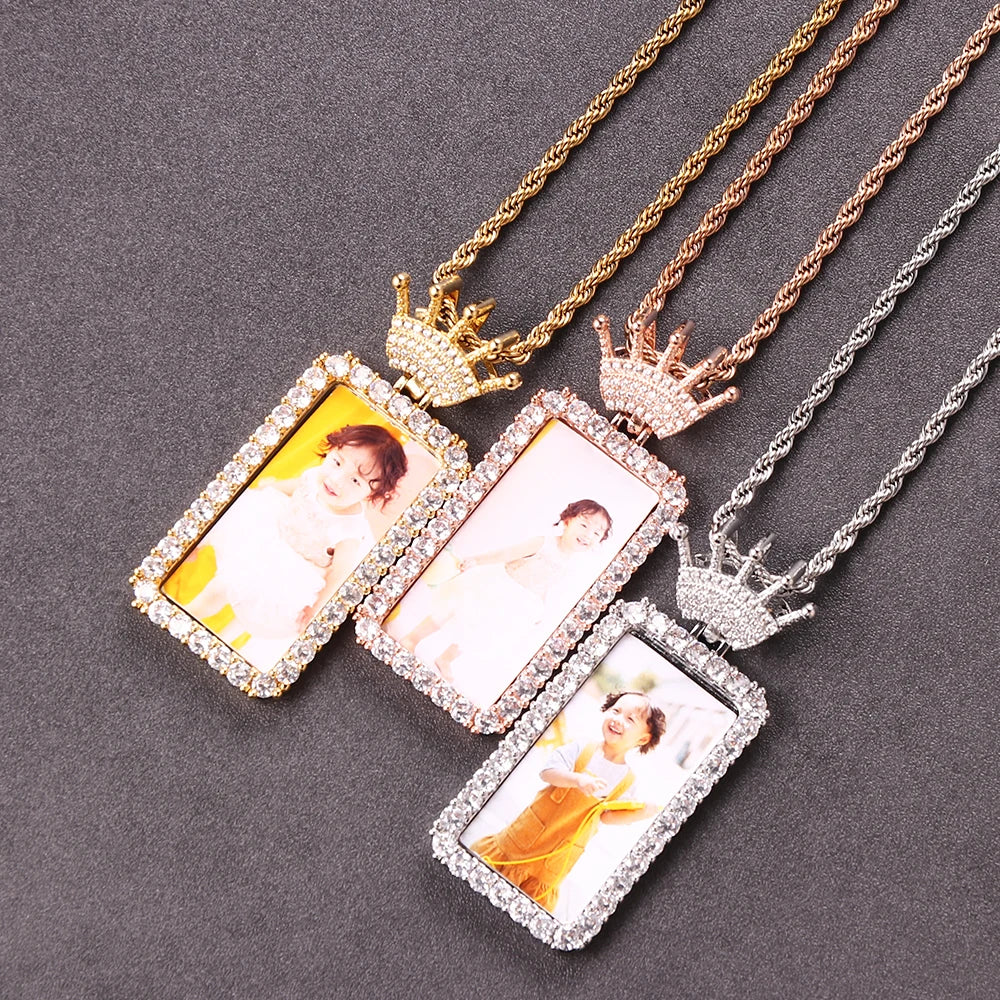 INS Latest Fashionable Custom Gold Rose Silver Zircon Personality Small Rectangular Crown Pendant Photo Frame Gift for Men