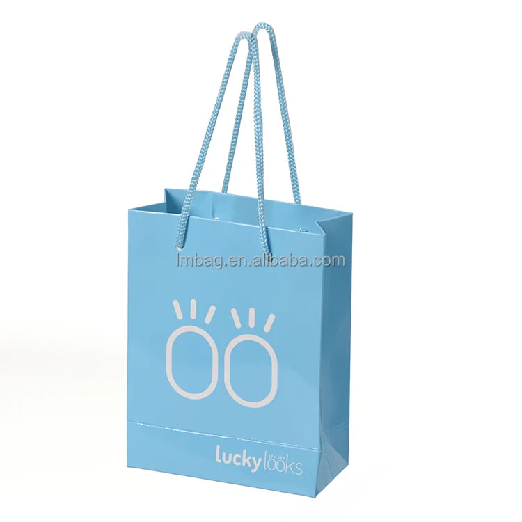 OEM Luxury Blue Paper Bag with Custom Printed Logo Letter Pattern and Handles Custom Made Luxury Gift Shopping Bags
