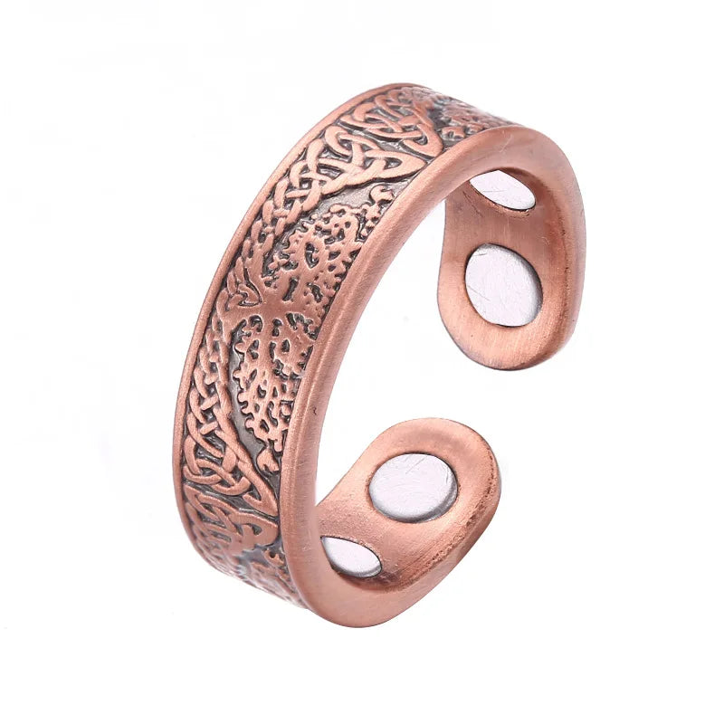 Adjustable Vintage Style Male Ring Gold Plated Pure Copper Magnetic Jewelry with Floral Design