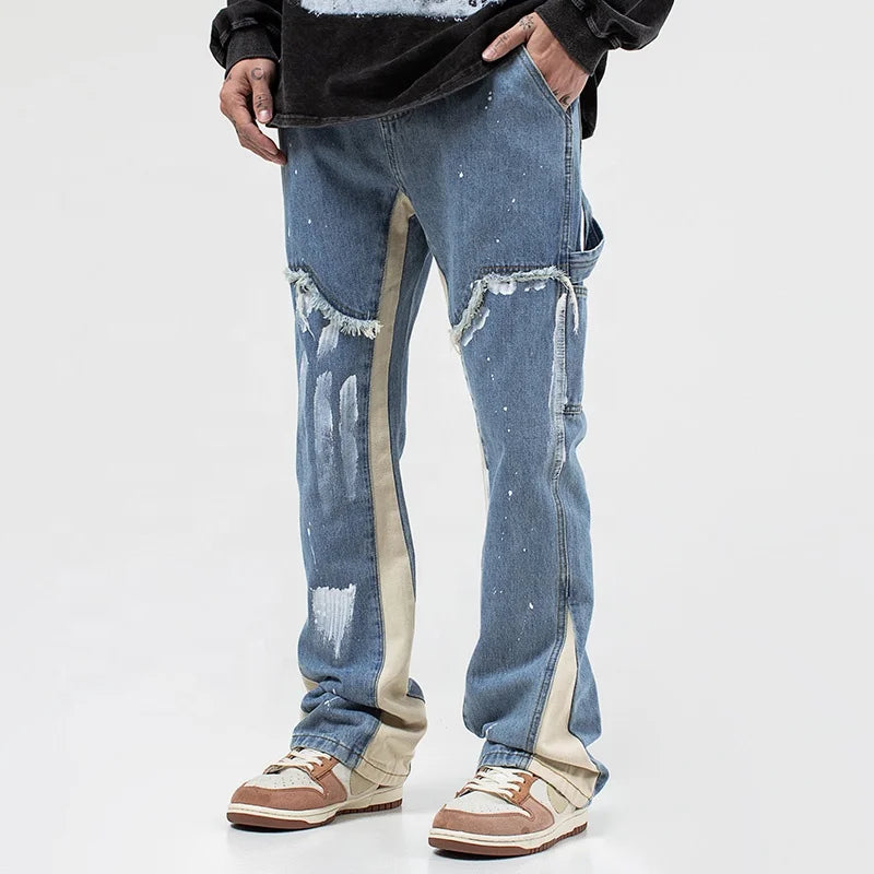 OEM Custom Ink Splash Print Jeans Hip Hop Rock Style Distressed Ripped Jeans Men Casual Jeans