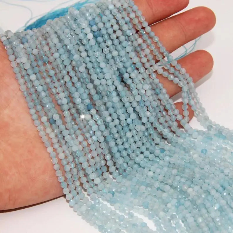 2/3/4/5MM Natural Stone Blue Aquamarine Quartz Faceted Loose Beads Semi-precious Spacer Tiny Beads for Jewelry Making