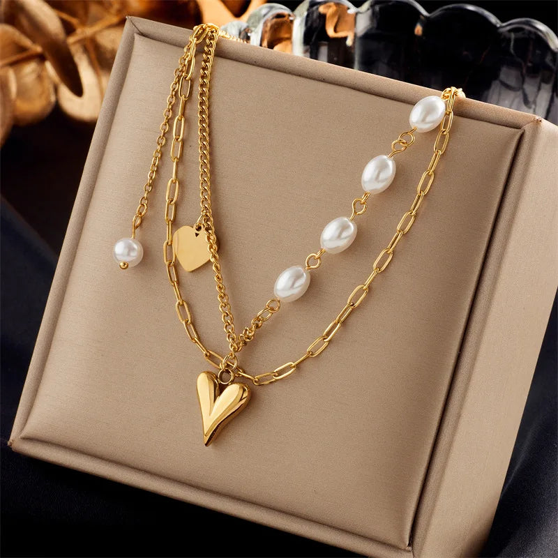 New Tarnish Free Stainless Steel 18k Gold Plated Double Layer Heart Pendant Fashion Jewelry Necklaces for Women