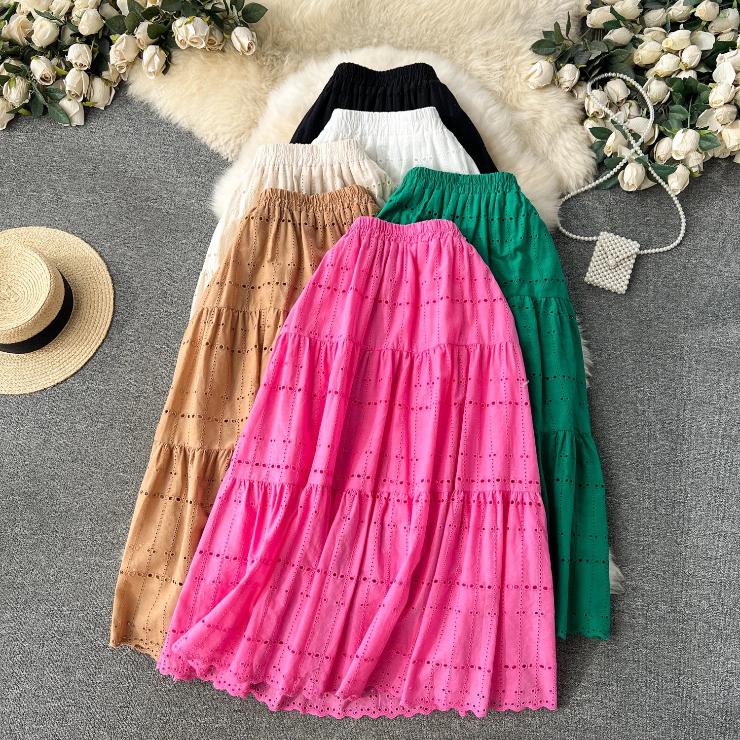 Spring Hollow Out A-Line Skirt Women Casual High Waist Midi Skirts for Girls Casual Skirt Clothes Women Wholesale