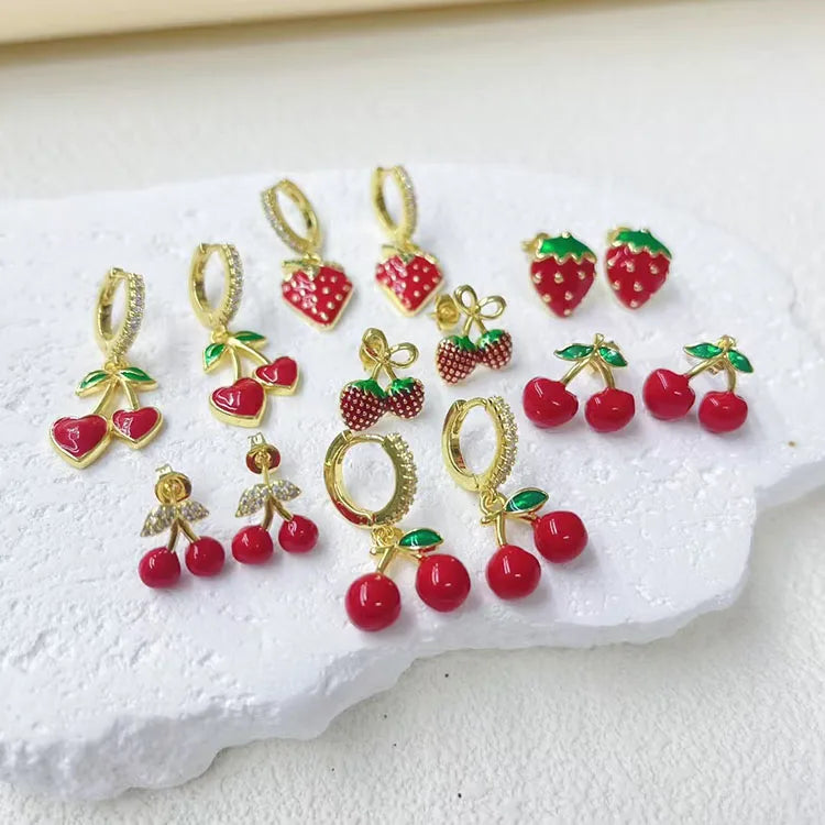 EC2063 New Stylish Novelty Chic 18k Gold Plated CZ Pave Enamel Red Cherry Strawberry Fruit Huggie Stud Earrings