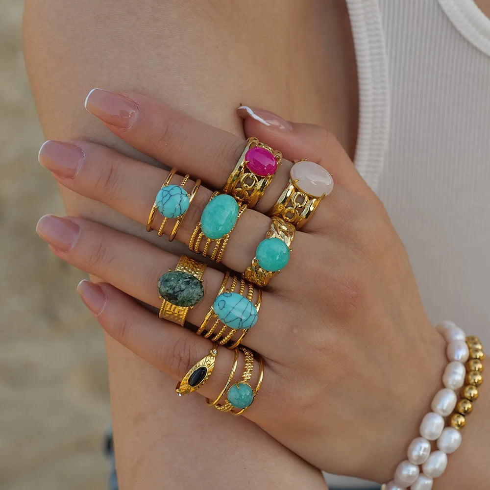 INS Rings PVD 18K Gold Plated Stainless Steel Natural Blue Stone Open Ring High-quality Gemstones Rings Jewelry for Girls Women