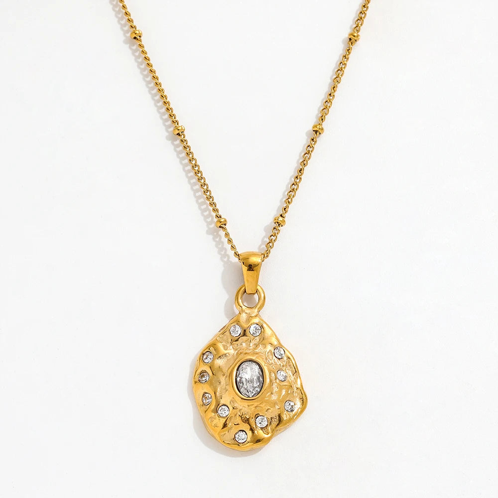 Joolim 18K Gold Plated Jewelry Dainty Zirconia Pave Irregular Pendant Bead Chain Necklace Stainless Steel Jewelry