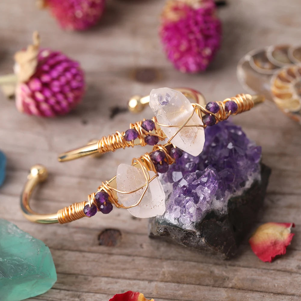 Raw Crystal Quartz Healing Open Cuff Bracelet Handmade Wristband Bangle for Men Jewelry