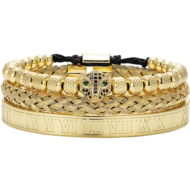 Wholesale Gold Bangle Bracelet Set Copper Leopard Stainless Steel Pineapple Bead Roman Braided Bracelets
