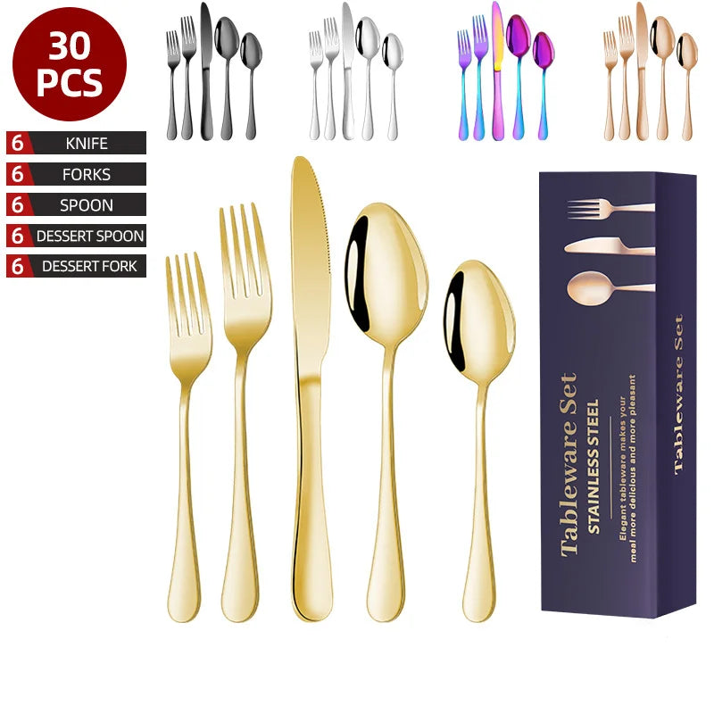 Classic Hot Selling Stainless Steel Cutlery 30 Pcs Set Knife Fork and Spoon Mirror Polished Gold Cutlery Set