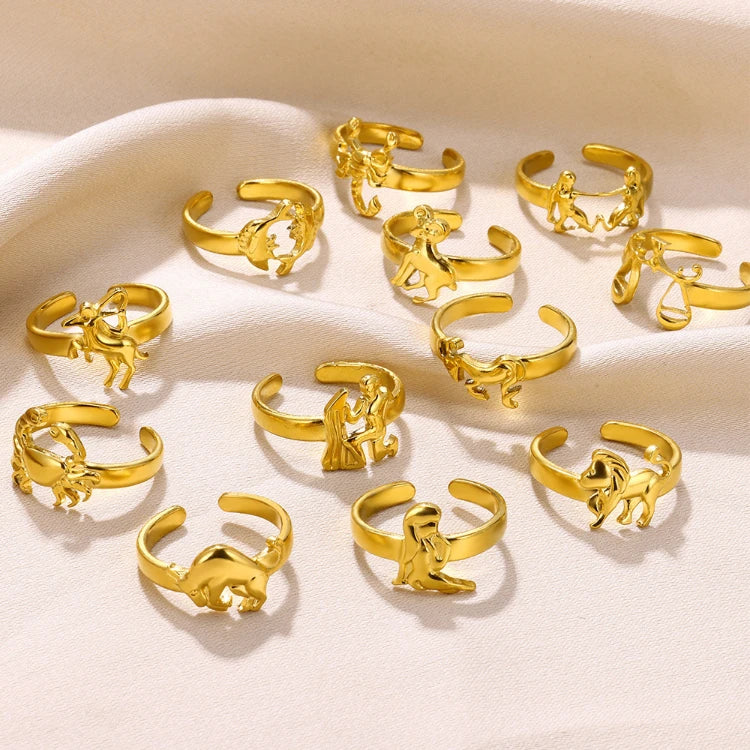 MC279 Wholesale Stainless Steel 12 Horoscope Rings Couple Zodiac Open Ring 18K Gold Plated Rings Jewelry for Gifts