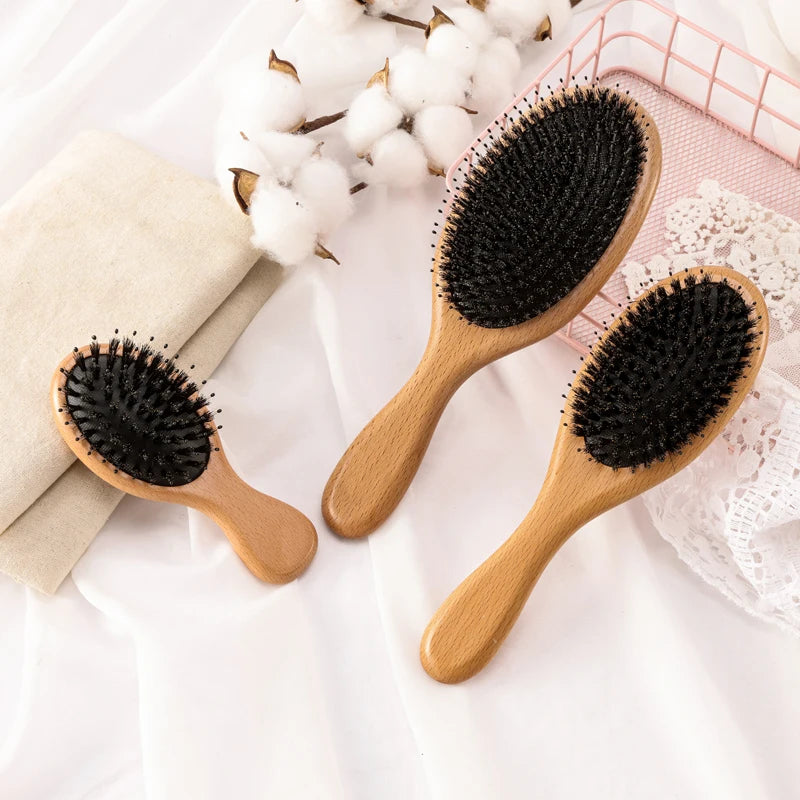 Professional Custom LOGO Natural Beech Wood Boar Bristle Detangling Hair Brush Oval Paddle Air Cushion Comb for Home Salon