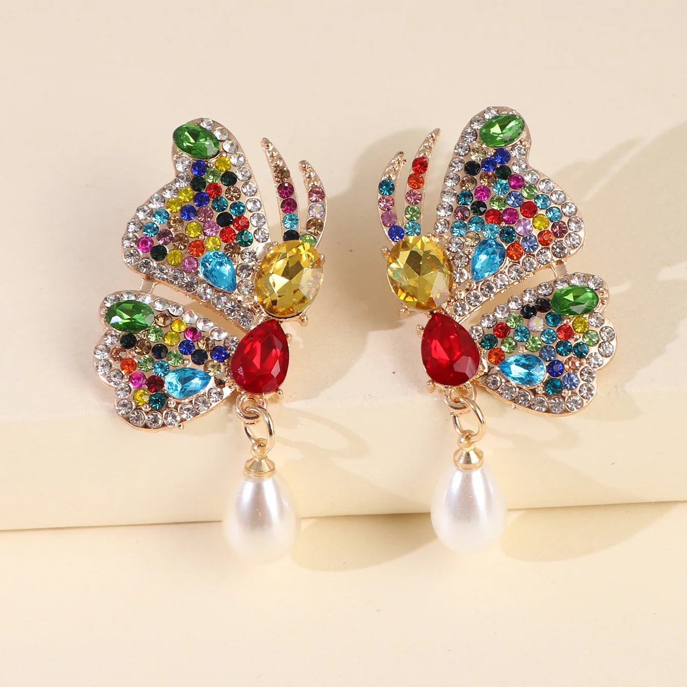 New Big Brand Rhinestone butterfly wings Pearl Earrings Exaggerated Big Earrings Jewelry Women