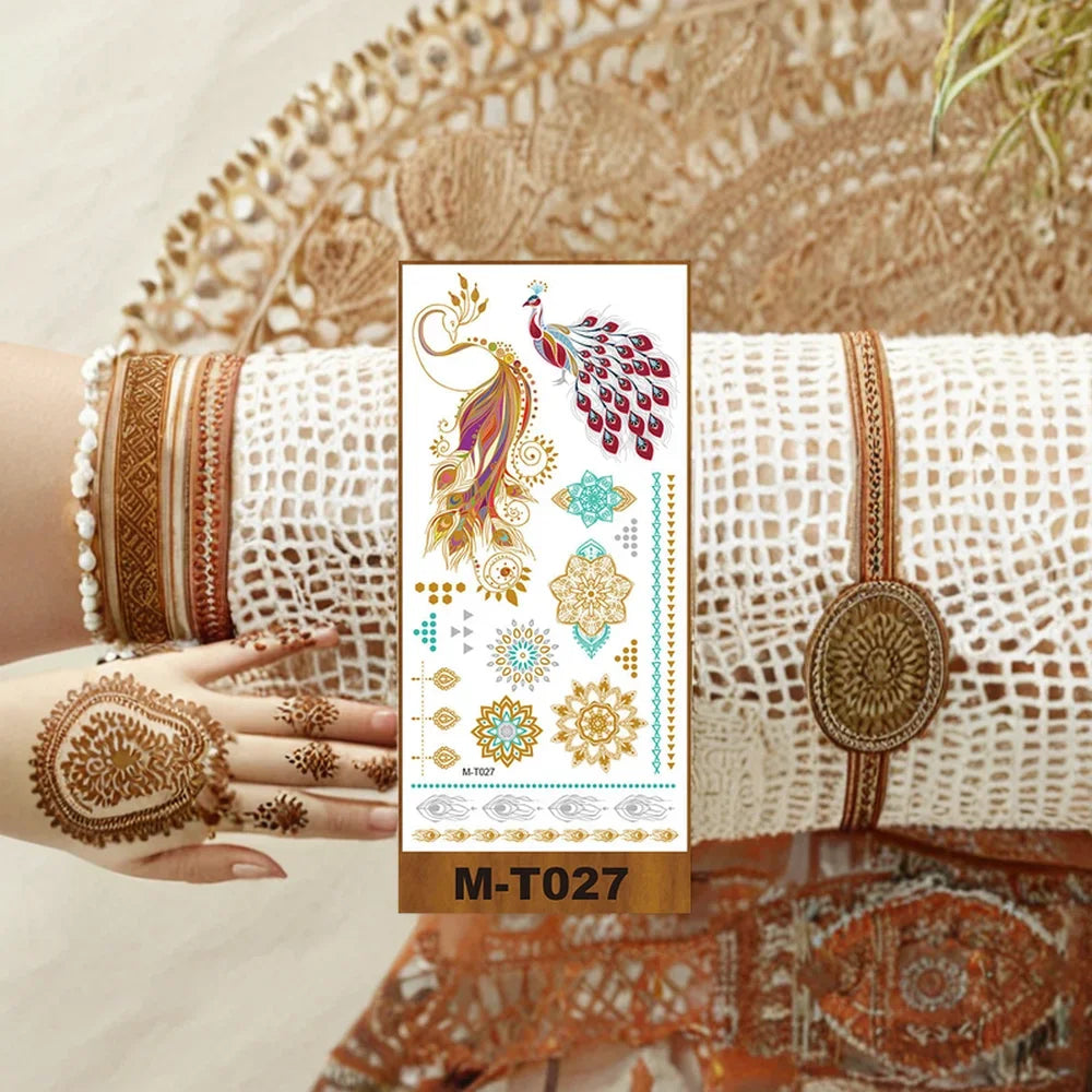 Custom CMYK Printing Temporary Waterproof Full Color Flash Gold Silver Henna Body Instant Removable Tattoo Stencil Sticker