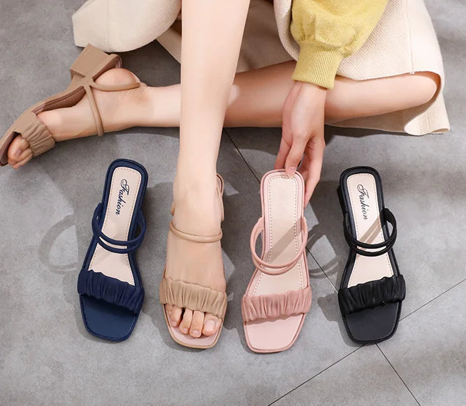 New square Crystal Low Heel Double Band Retro Beach Sandals 8821