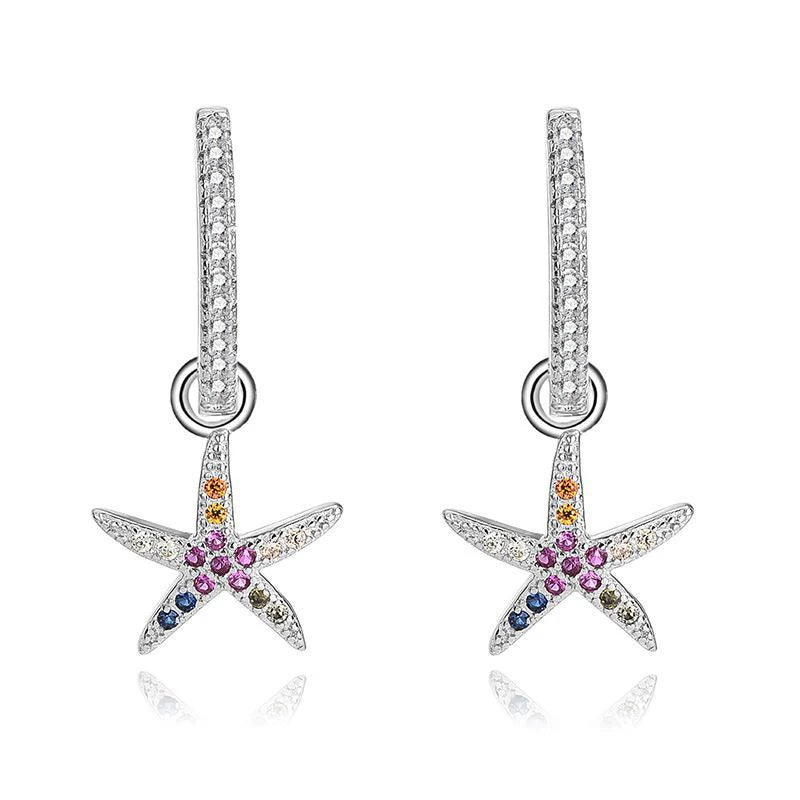Summer Fine Jewelry 925 Sterling Silver Micro Paved Colored Diamond Starfish Stud Earrings