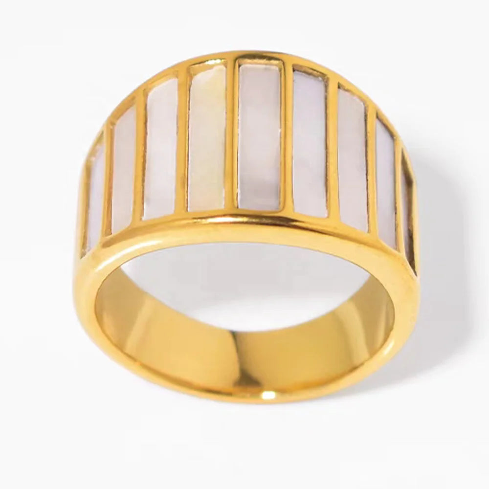 Brass Plating 18k Gold Striped White Shell Fritillary Wide Ring for Women Jewelry Gifts Factory Wholesale