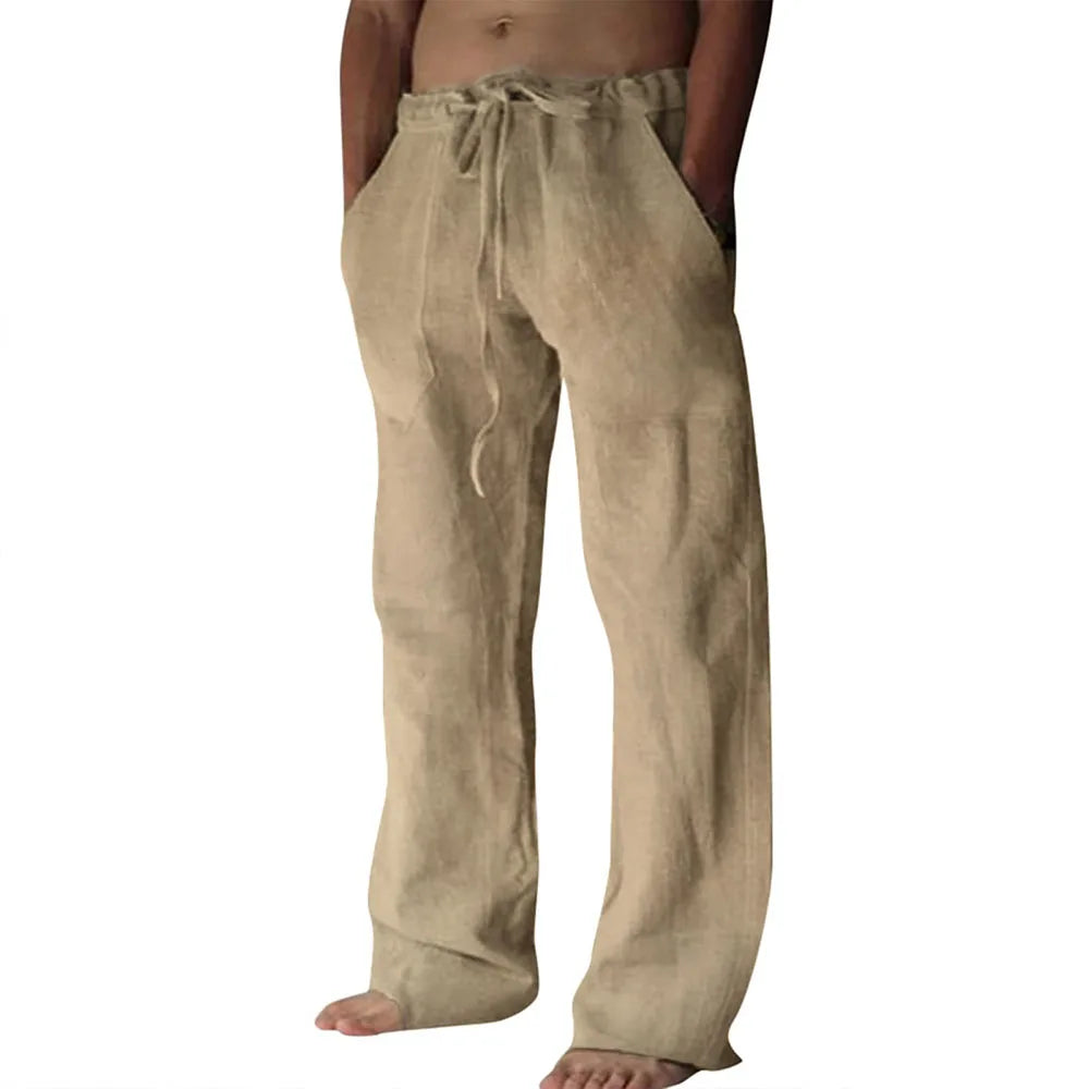 OEM Men Pure Linen Pants Men Cotton Breathable Summer Straight Tube Solid Color Elastic Waist Leisure Custom LOGO Linen Pants