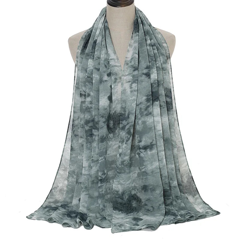 Best Sellers European Style Women's Muslim Hijab Pearl Chiffon Tie-Dyed Scarf Camouflage Pattern New Plain Color Print Pad Dye