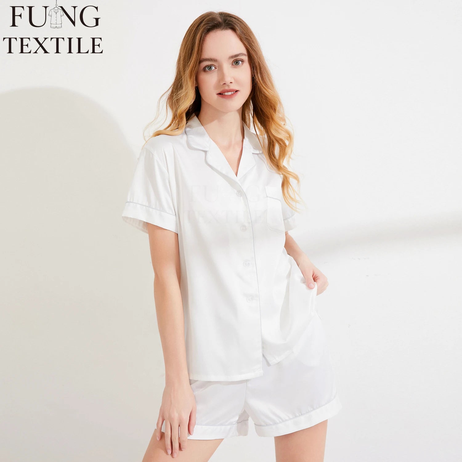FUNG 3034  Custom Ladies Soft Silk Pajamas Womens Short Sleeve Sleepwear Soft Satin Loungewear 2 PieceShorts Set for Women