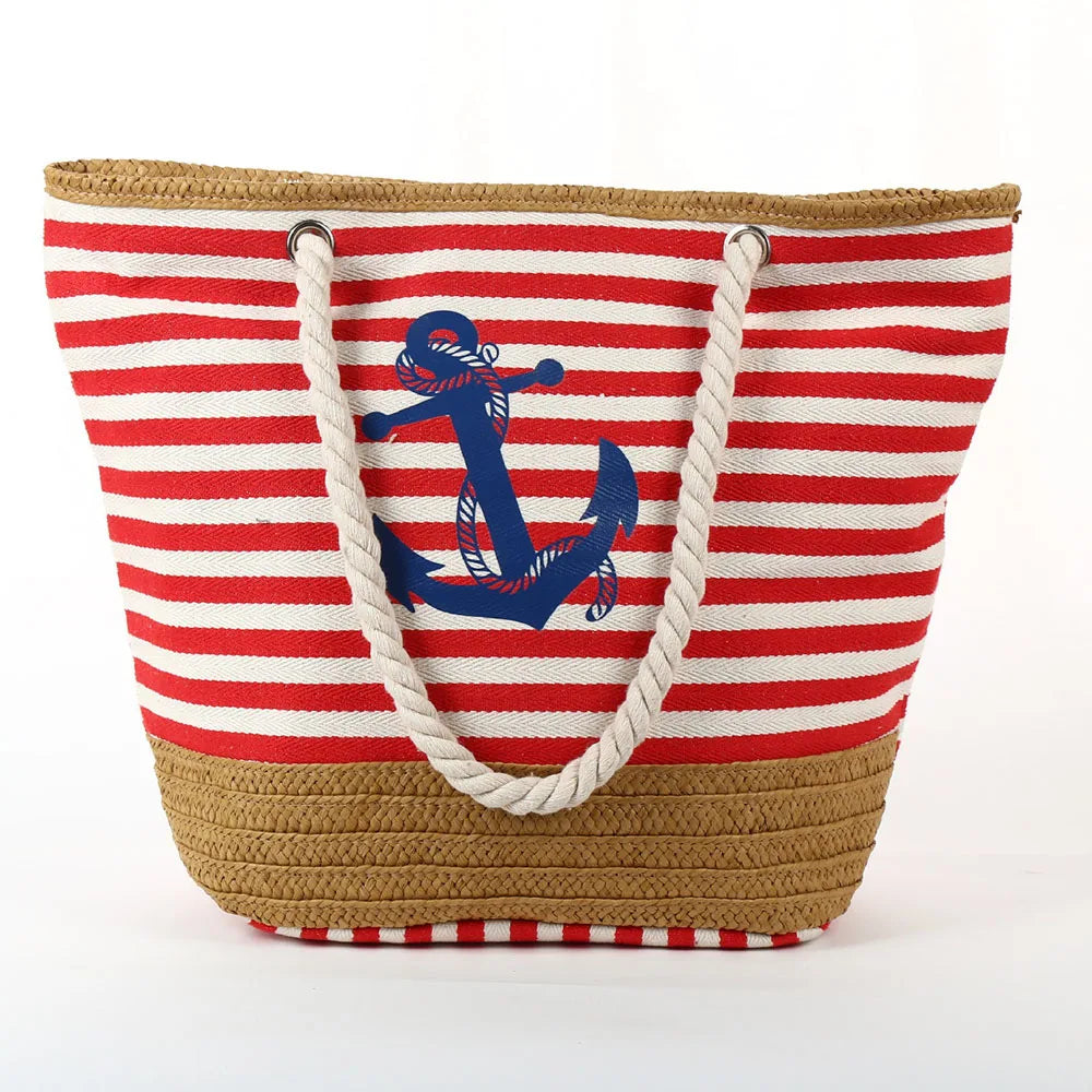 Custom Wholesale Classical Stripe Canvas Straw Beach Shopping Bag Large Capacity Shoulder Shopping Tote Bag