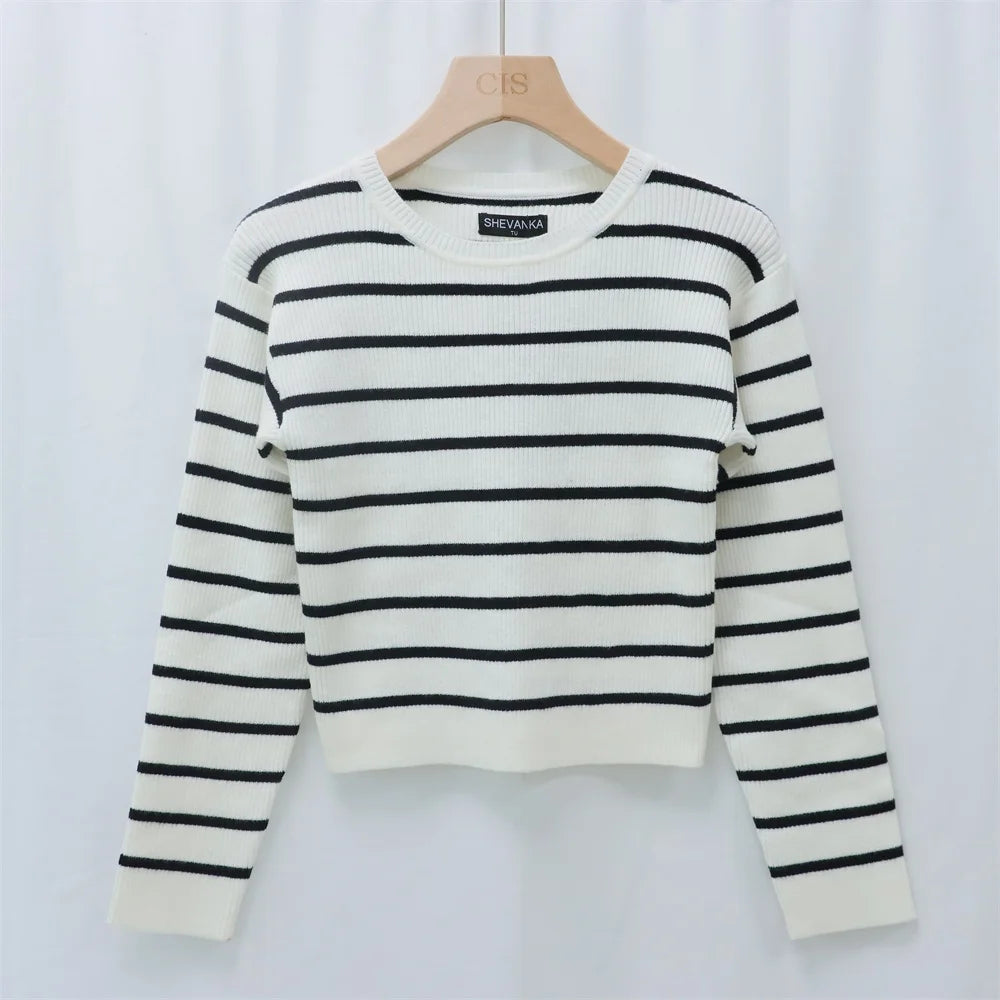Basic Autumn Casual Anti-pilling Striped Ribbed Full Sleeves Crew Neck Women's Knitted Custom Sweater Top Manufacturer