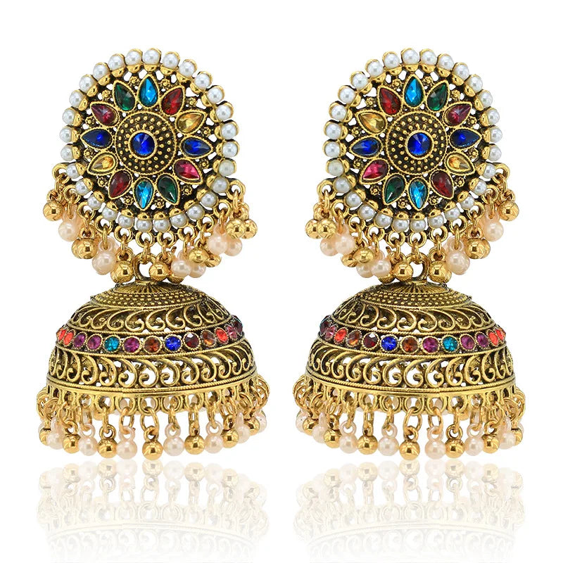 Lantern Palace Lady Jewelry Women Bollywood Kundan Jhumka Indian Gold Dangling Pearl Bells Tassel Stud Earrings for Women