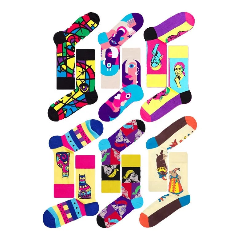 Wholesale Trendy Colorful Abstract Art  AB Socks Men Women Streetwear Novelty Mismatched Cotton Crew Socks