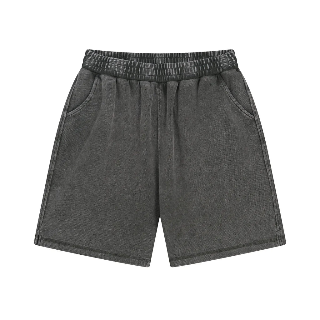 Men's Retro Mid-Length Shorts High Street Trendy 400g Batik Washed Vintage Pique Cotton Solid Pattern Elastic Waist Casual Style