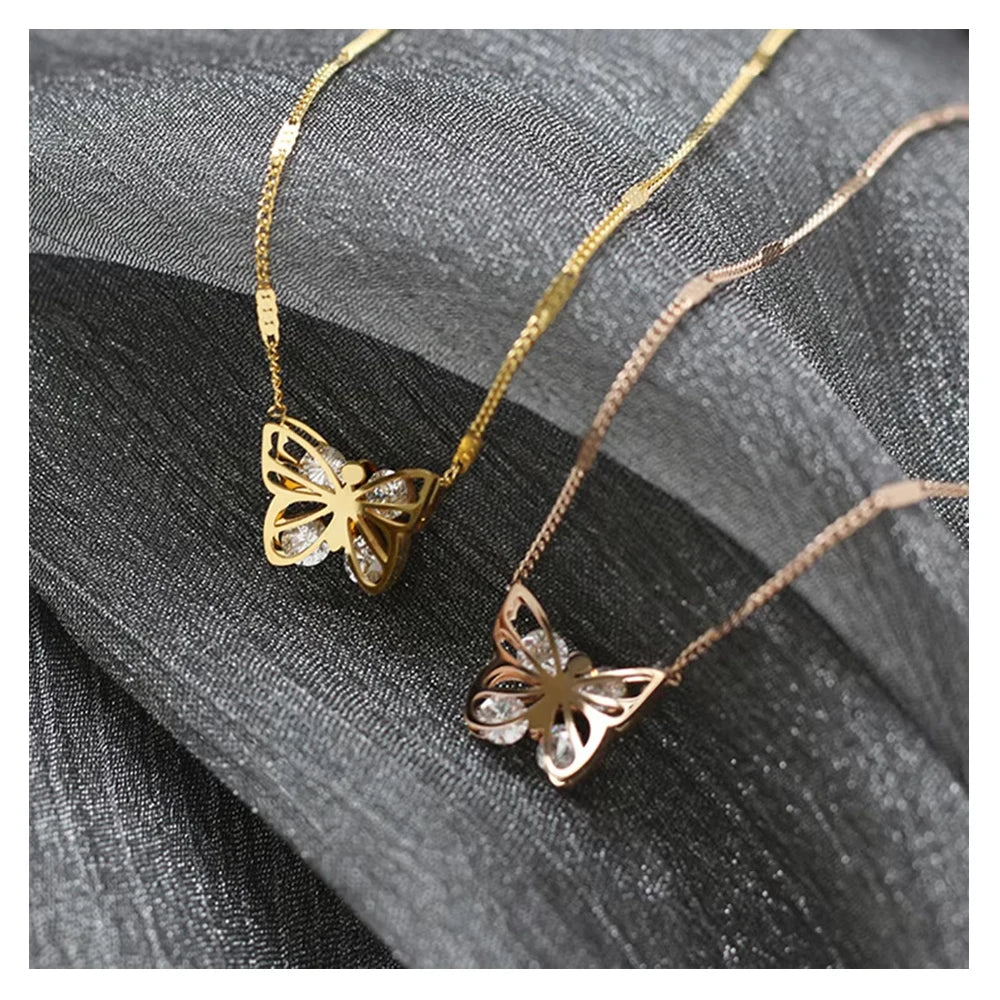 Delicate 18K Gold Plated Pendant Double Side Butterfly Necklace Stainless Steel Zircon Stone Jewelry for Women