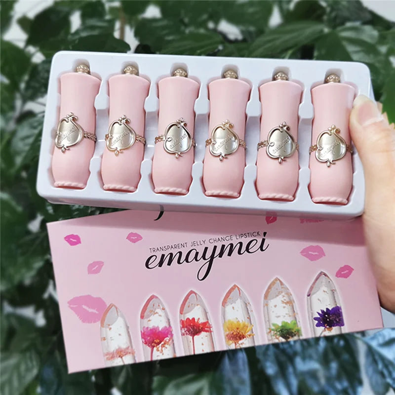 Emaymei 6pcs Dried Flower Color Changing Lipstick Set Vitamin E Beeswax Waterproof Moisturizing Long Lasting Lip Balm Products