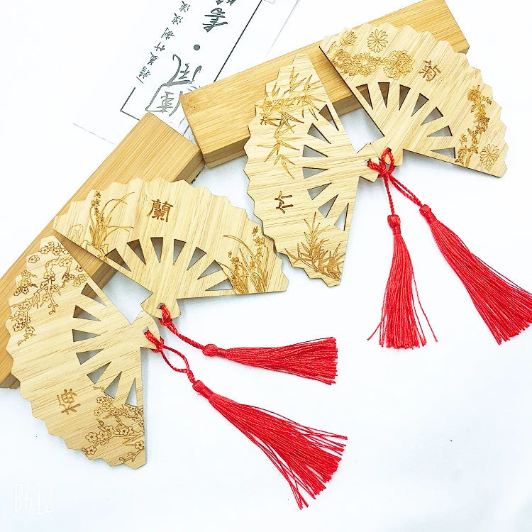 Bamboo Eco-Friendly Customizable Carved Love Cultural Creative Campus Gift Fan Shape Bookmarks Chinese Style QYBAMBOO Brand Fast