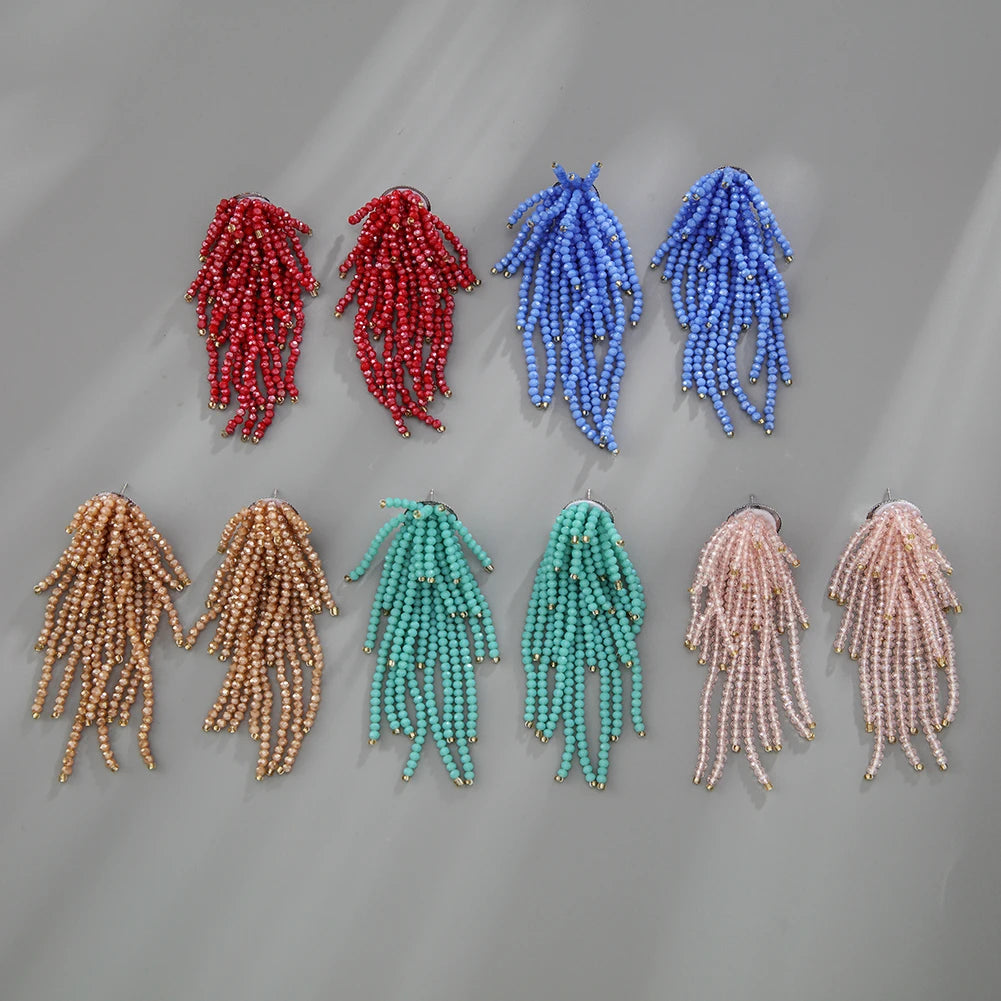 Bohemian Statement Multicolor Crystal Beads Tassel Glass Dangle Handmade Earring